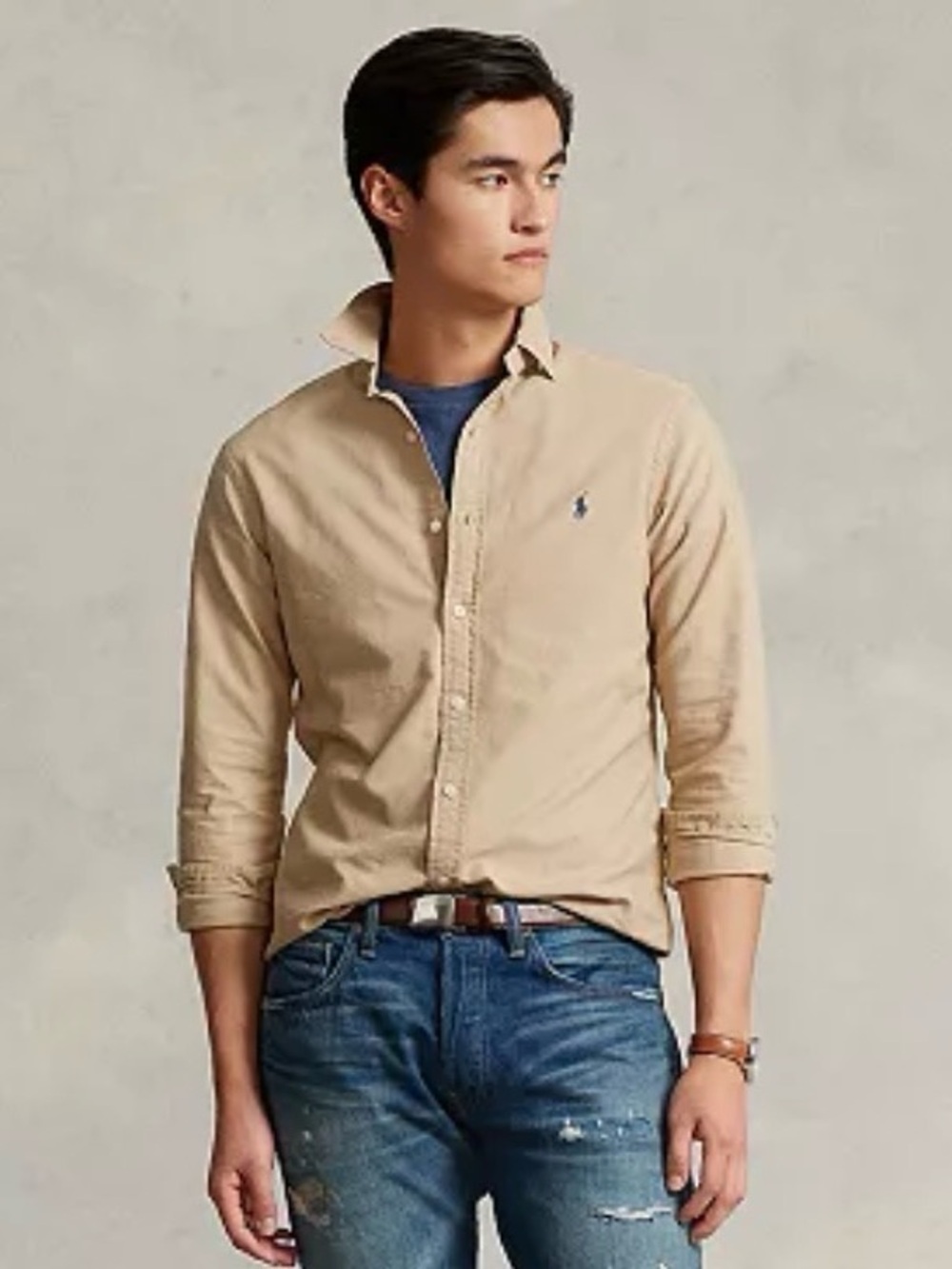Polo by Ralph Lauren Men’s Light Brown Button-Down Shirt with Navy Pony